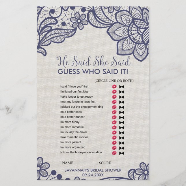 Papier Burlap and Navy Lace "He Said She Said" Jeu (Devant)