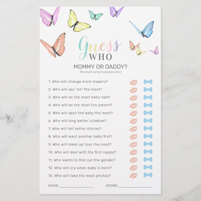 Papier Butterfly Devine Qui Baby shower Jeu (Devant)