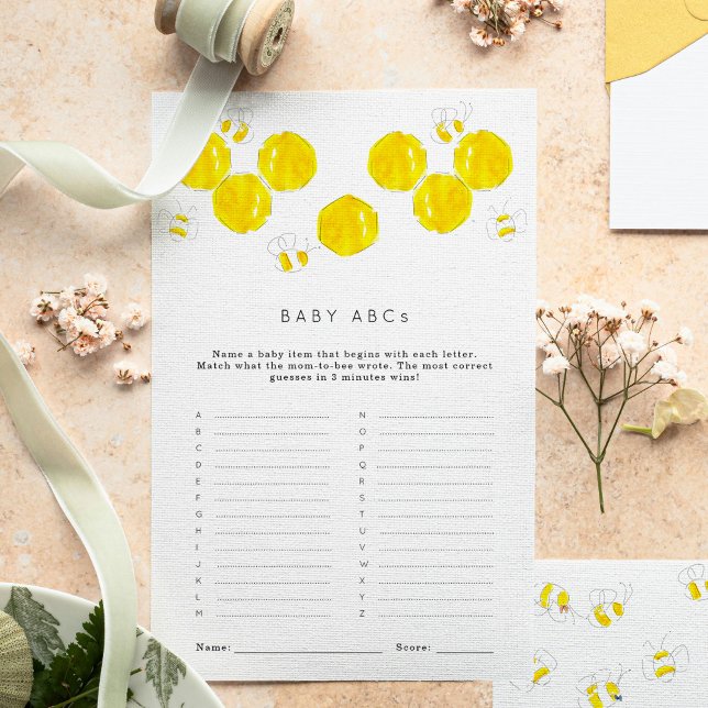 Papier Buzzing Bees Baby ABC's Baby shower Jeu (Yellow watercolor bees and honeycomb Baby Shower ABCs game sheets.)