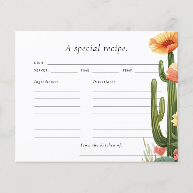 Papier Cactus Fiesta Floral Fête des mariées Recette Cart (Devant)