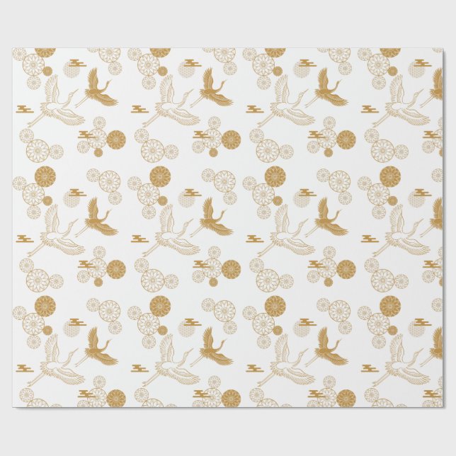 PAPIER CADEAU 縁起の良い金色の日本の鶴模様 (Plat)