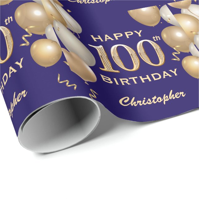 Papier Cadeau 100e anniversaire Marine Bleu et Parties scintilla (Coin rond)