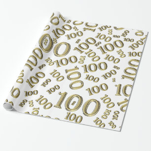 Papier Cadeau 100e Motif de nombre aléatoire Gold/Blanc Grand