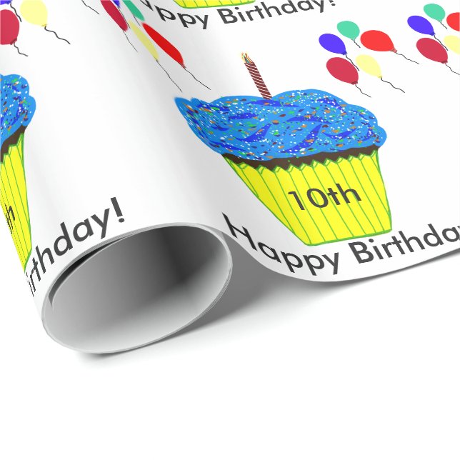 Papier Cadeau 10e anniversaire Blue Cupcake Ballons Personnalise (Coin rond)