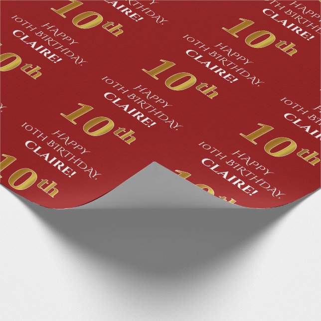 Papier Cadeau 10e anniversaire : Elégant, Rouge, Faux Gold Look (Coin)