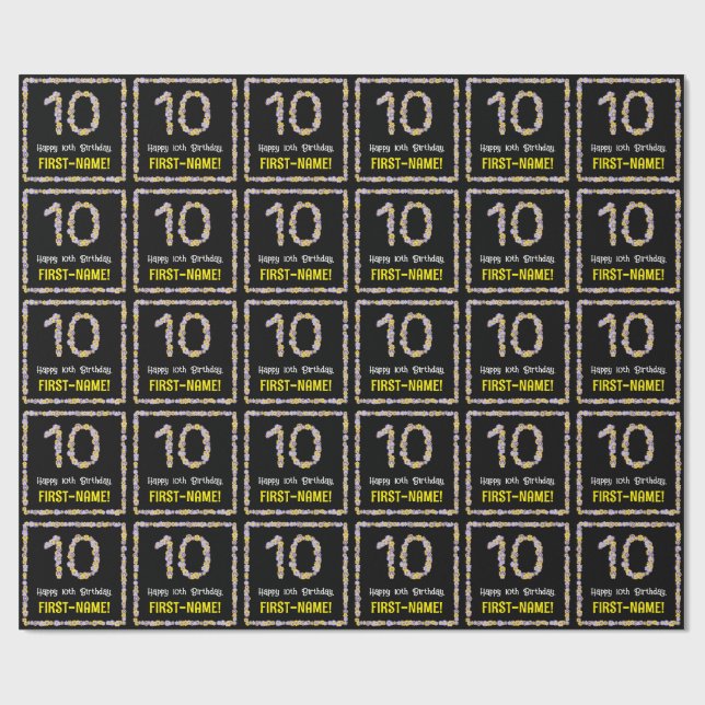 Papier Cadeau 10e anniversaire : Floral Flowers Numéro, Nom pers (Plat)
