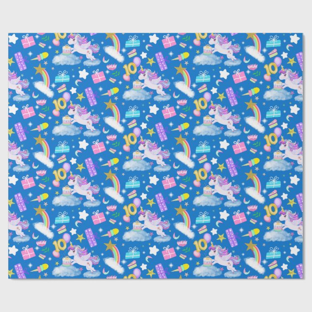 Papier Cadeau 10e anniversaire Unicorn Motif bleu (Plat)