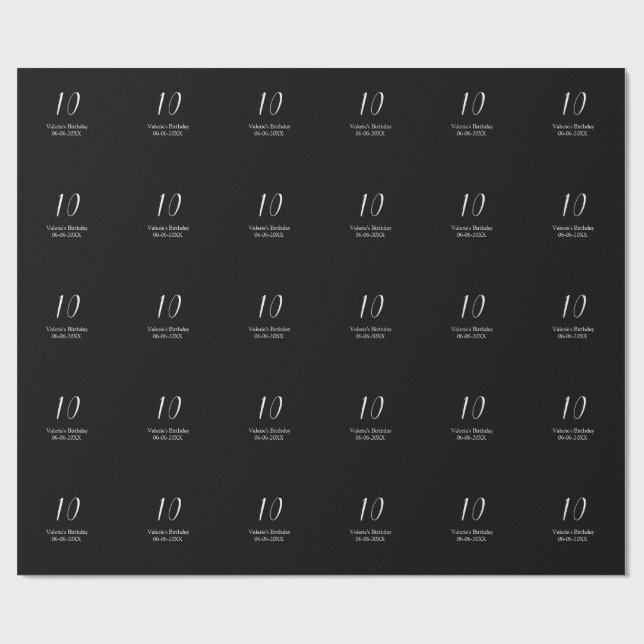 Papier Cadeau 10th birthday white black name date calligraphy  (Plat)