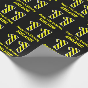 Papier Cadeau "11" rayé noir et jaune ; 11ème Anniversaire + N