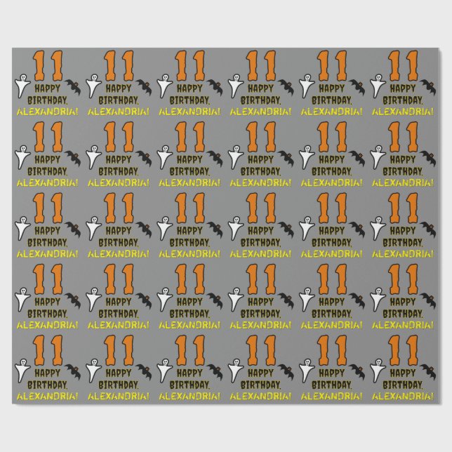 Papier Cadeau 11e anniversaire : Thème d'Halloween Éffrayant, No (Plat)