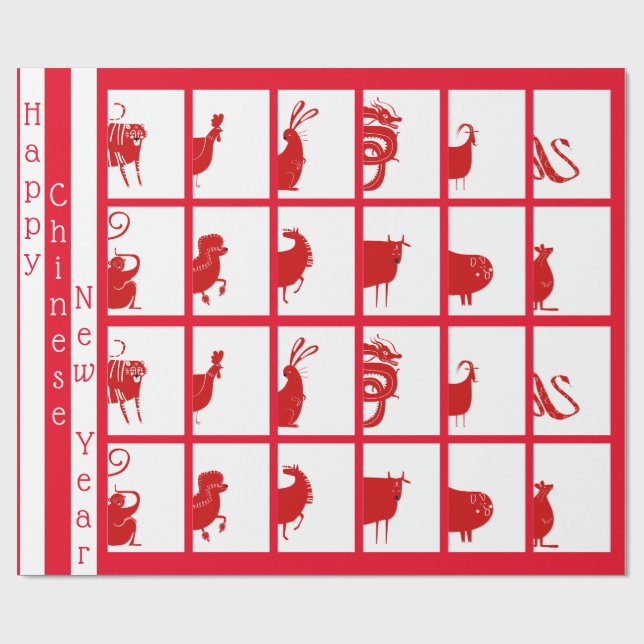 Papier Cadeau 12 Animaux du Zodiaque chinois (Plat)