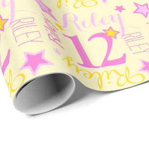 Papier Cadeau 12e anniversaire star nom personnalisé jaune rose