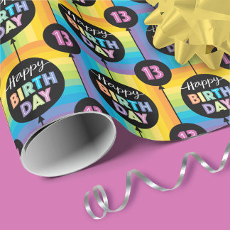 Papier Cadeau 13e Anniversaire Ballons Rainbow Stripe Checks
