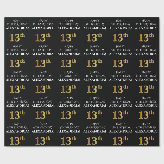 Papier Cadeau 13e anniversaire : Elégant, noir, Faux Gold Look (Plat)