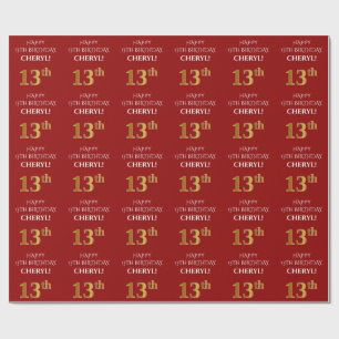 Papier Cadeau 13e anniversaire : Elégant, Rouge, Faux Gold Look