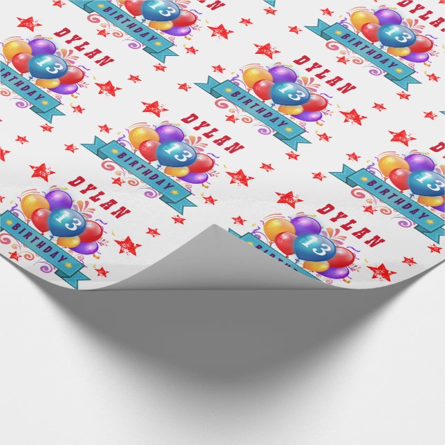 Papier Cadeau 13e anniversaire Festive Ballons et étoiles rouges (Coin)