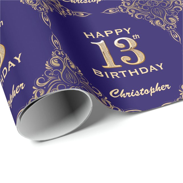 Papier Cadeau 13e anniversaire Marine Blue and Gold Parties scin (Coin rond)