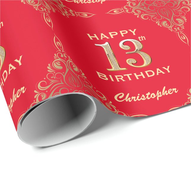 Papier Cadeau 13e anniversaire Parties scintillant rouge et or (Coin rond)
