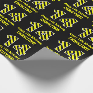 Papier Cadeau "14" rayé noir et jaune ; 14ème Anniversaire + N