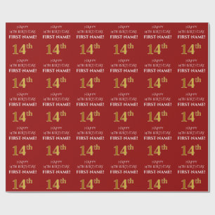 Papier Cadeau 14e anniversaire : Elégant, Rouge, Faux Gold Look