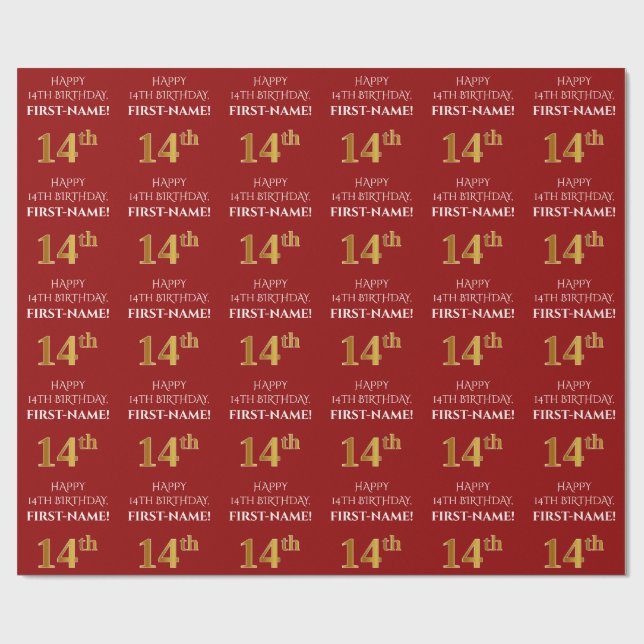Papier Cadeau 14e anniversaire : Elégant, Rouge, Faux Gold Look (Plat)