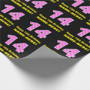 Papier Cadeau 14e anniversaire : Pink Stripes and Hearts "14" + 