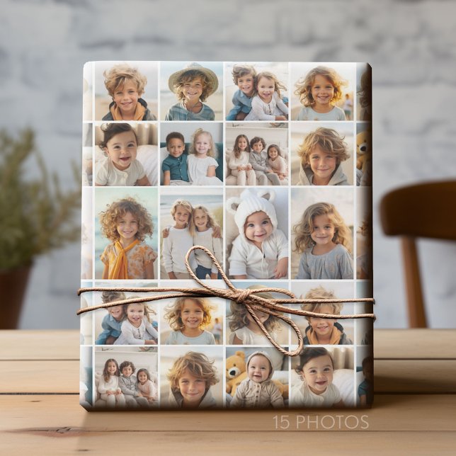 Papier Cadeau 15 Photo Collage Grid - - arrière - plan blanc (Custom Photo Collage Wrapping Paper - All Occasion)