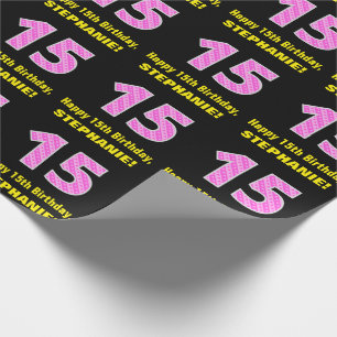 Papier Cadeau 15e anniversaire : Bandes et Coeurs roses "15" + N