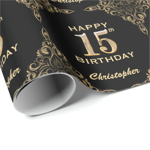 Papier Cadeau 15e anniversaire Black and Gold Parties scintillan