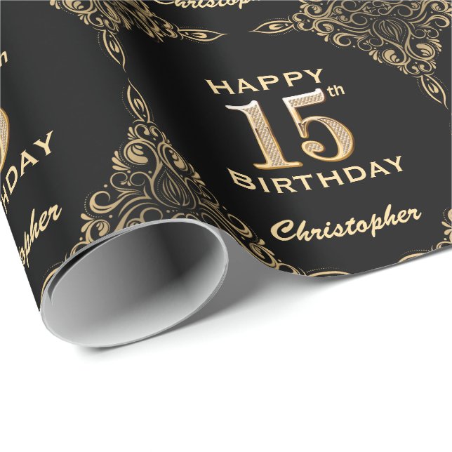 Papier Cadeau 15e anniversaire Black and Gold Parties scintillan (Coin rond)