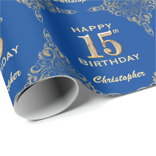 Papier Cadeau 15e anniversaire Cadre Parties scintillant bleu et