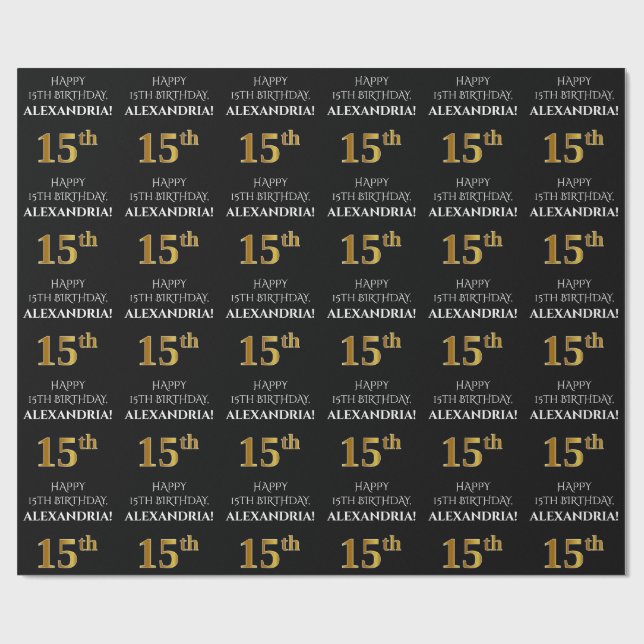 Papier Cadeau 15e anniversaire : Elégant, Noir, Faux Gold Look (Plat)