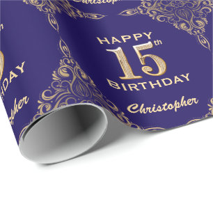 Papier Cadeau 15e anniversaire Marine Blue and Gold Parties scin