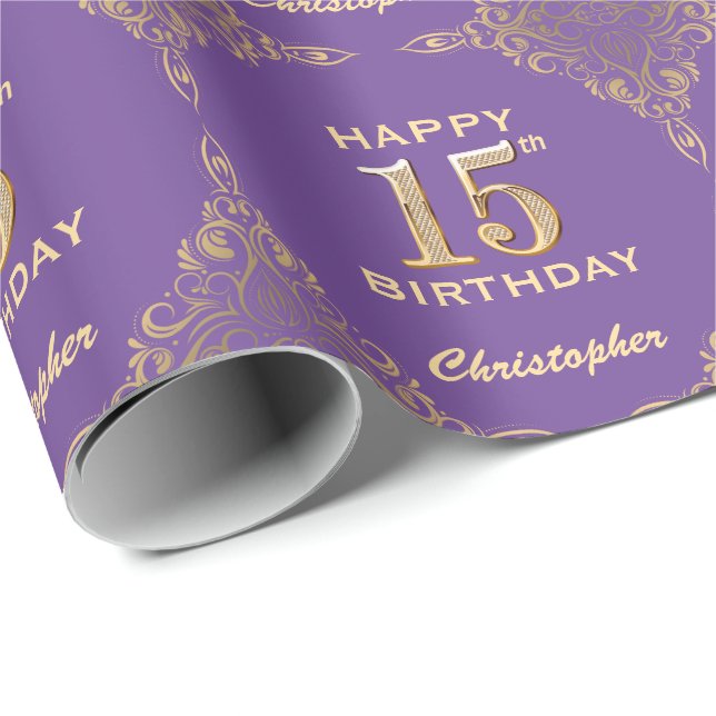Papier Cadeau 15e anniversaire Parties scintillant violet et or  (Coin rond)