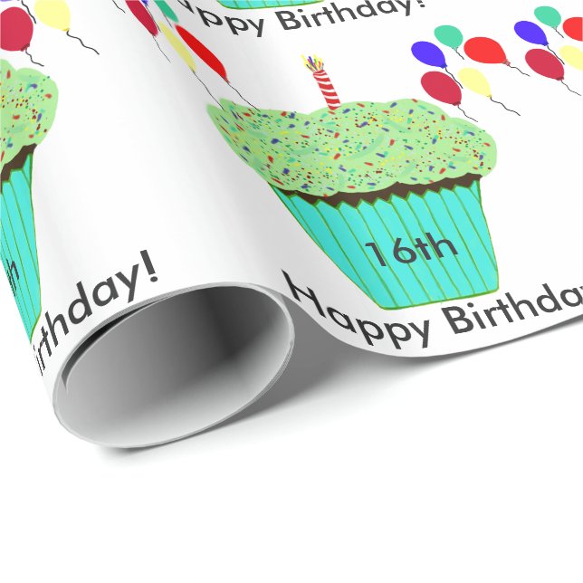 Papier Cadeau 16e anniversaire Ballons de Cupcake Vert Personnal (Coin rond)