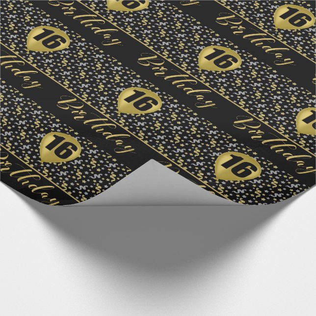 Papier Cadeau 16e Anniversaire Ballons d'or sur Noir avec Confet (Coin)