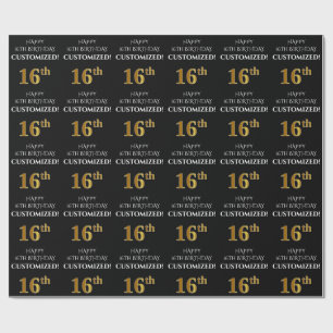 Papier Cadeau 16e anniversaire : Elégant, noir, Faux Gold Look