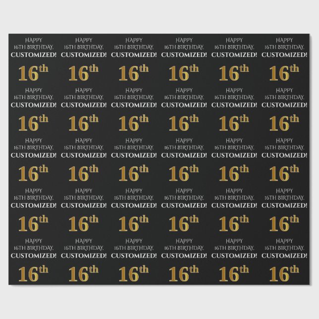 Papier Cadeau 16e anniversaire : Elégant, noir, Faux Gold Look (Plat)