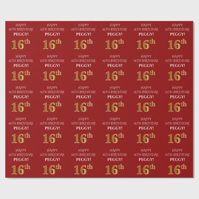 Papier Cadeau 16e anniversaire : Elégant, Rouge, Faux Gold Look (Plat)