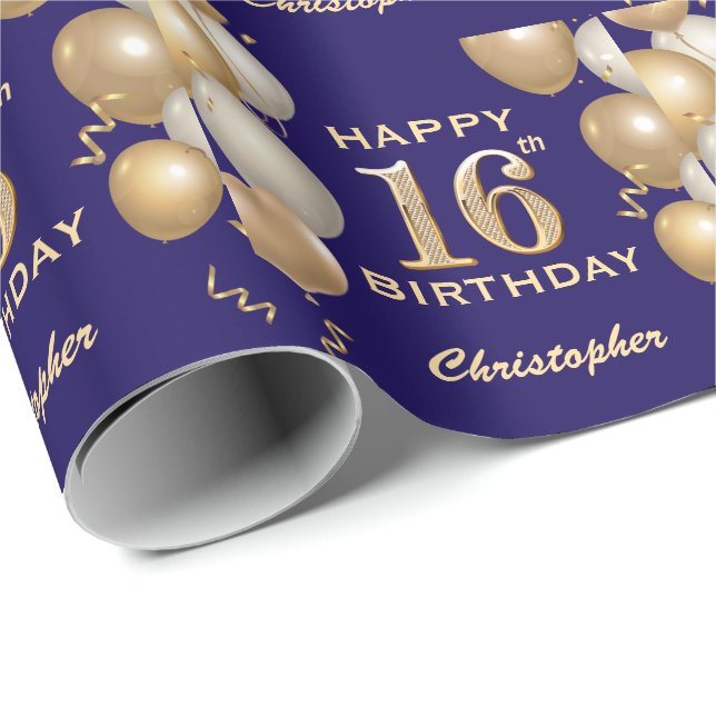 Papier Cadeau 16e anniversaire Marine Bleu et Parties scintillan (Coin rond)