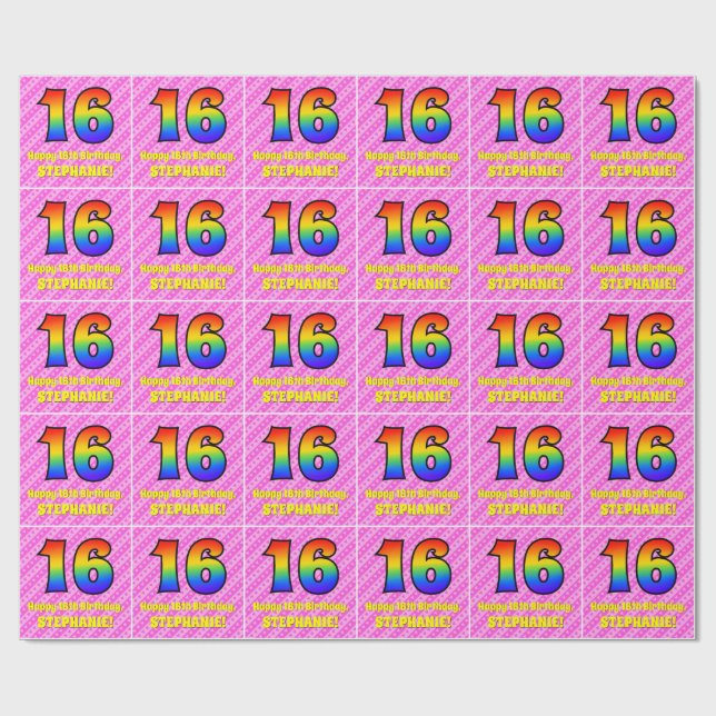 Papier Cadeau 16e anniversaire : Pink Stripes & Hearts, Arc en c (Plat)