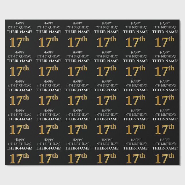 Papier Cadeau 17e anniversaire : Elégant, noir, Faux Gold Look (Plat)