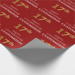 Papier Cadeau 17ème anniversaire : Elégant, Rouge, Faux Gold Loo