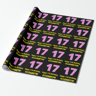 Papier Cadeau 17ème anniversaire : Pink Stripes and Hearts "17" 