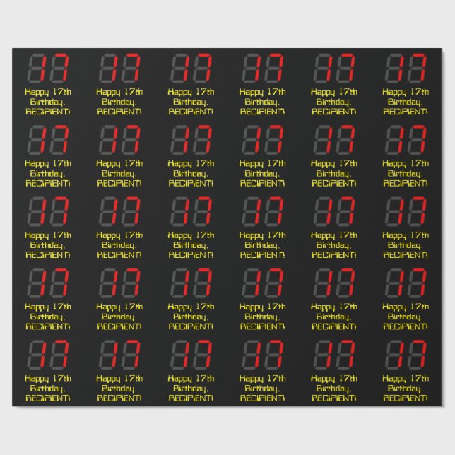 Papier Cadeau 17ème anniversaire : Rouge Digital Horloge Style " (Plat)