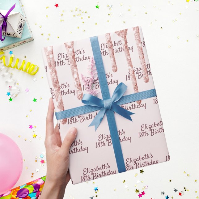 Papier Cadeau 18e anniversaire blush rose or drips nom (Créateur téléchargé)