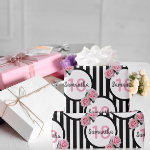 Papier Cadeau 18e anniversaire chic rose roses noir blanc rayure