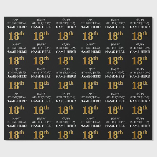 Papier Cadeau 18e anniversaire : Elégant, Noir, Faux Gold Look (Plat)
