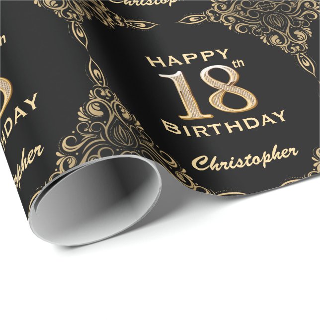 Papier Cadeau 18e anniversaire Parties scintillant noir et or ca (Coin rond)
