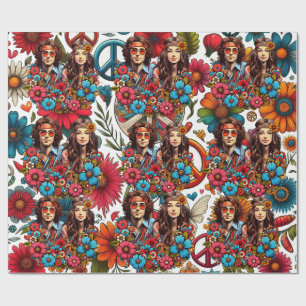 Papier Cadeau 1960 Hippie Couple enfant à fleurs Peace & Love ar